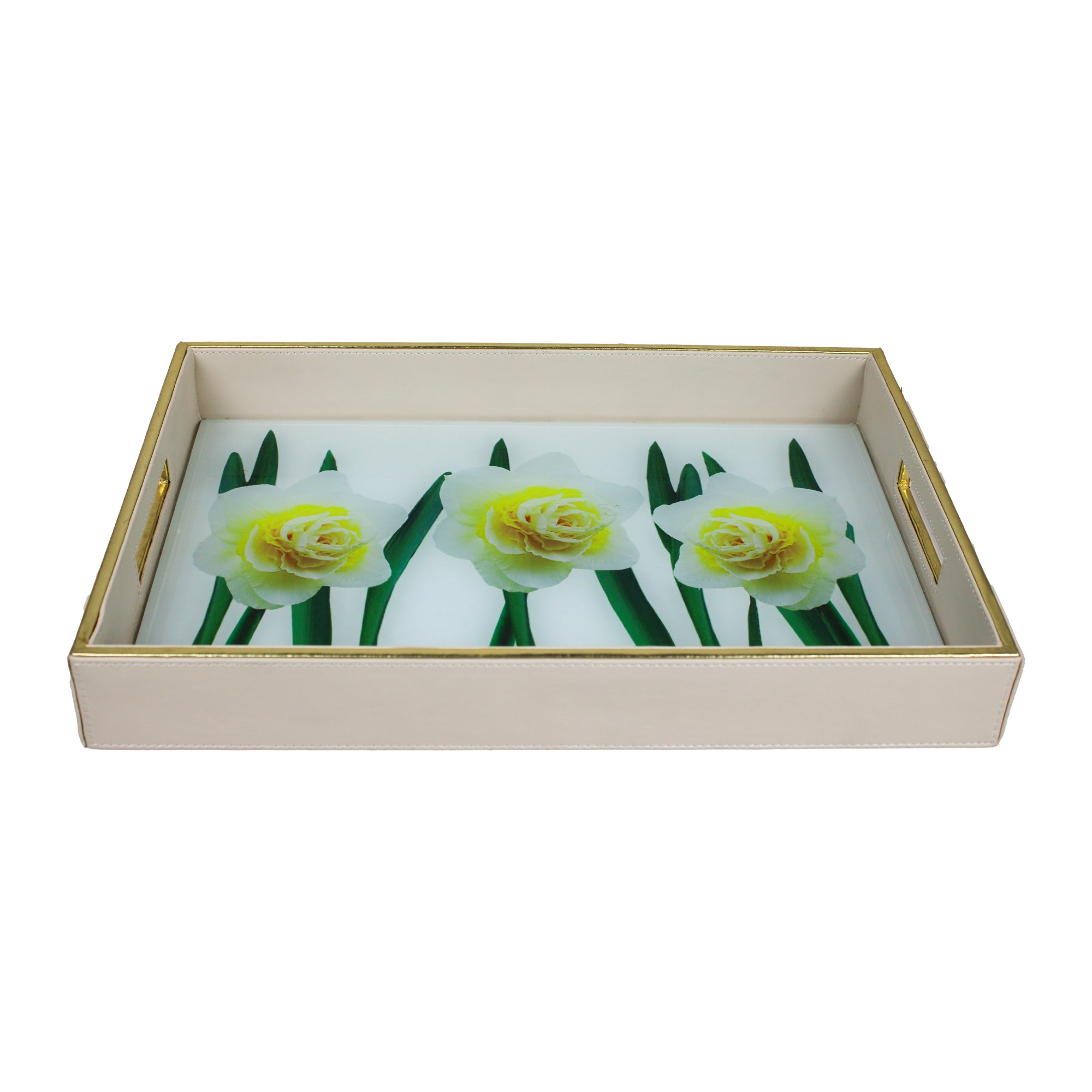 Rose Flower printed Glass and Leatherite Serving Tray