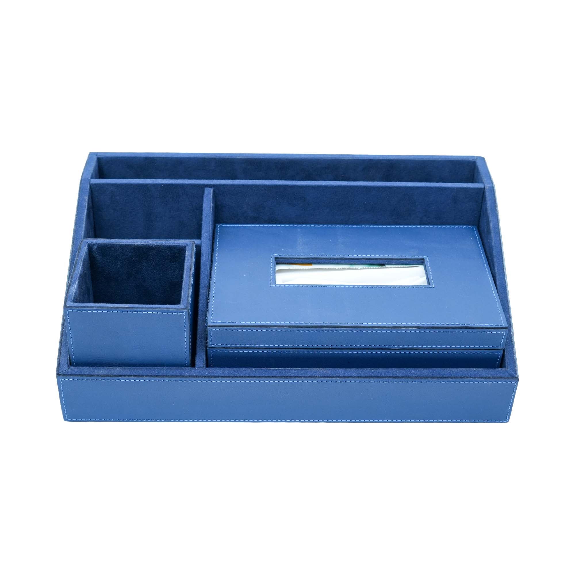 Premium Blue Leather Stationery Desk Organizer With Tissue Box