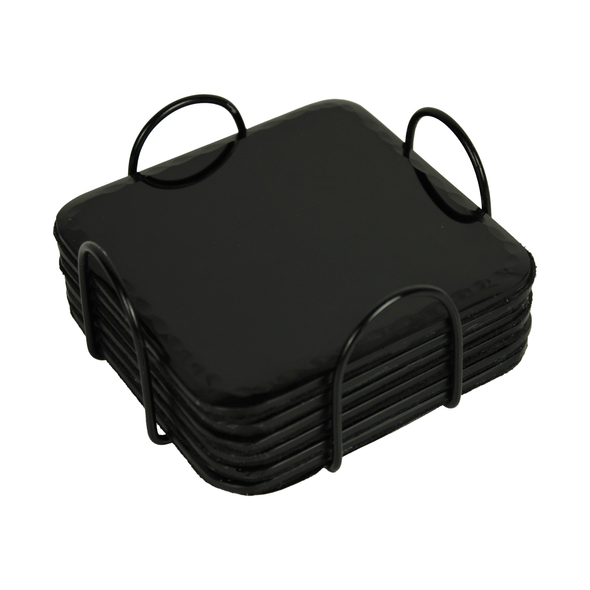 Glass Black Coaster Set of Six with Metal Tray