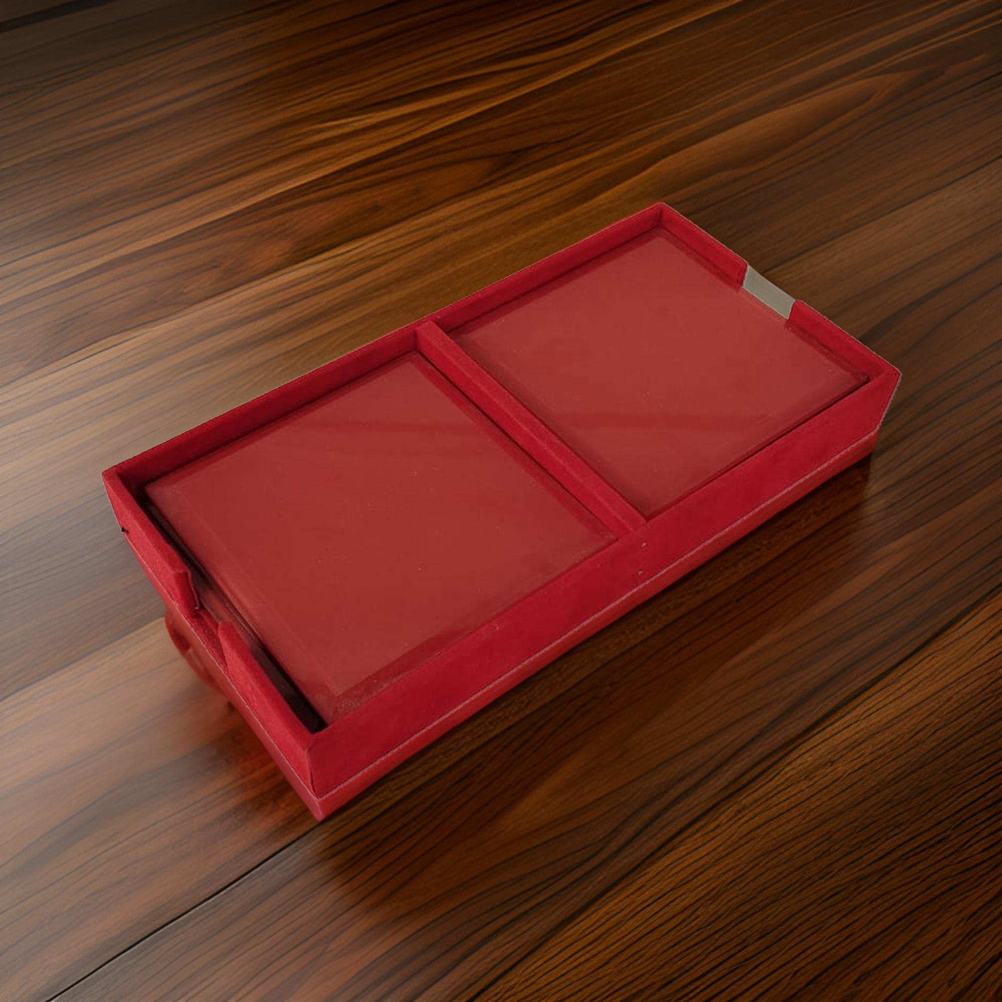 Red Colored Mirror Coaster Set of Eight with Caddy Tray