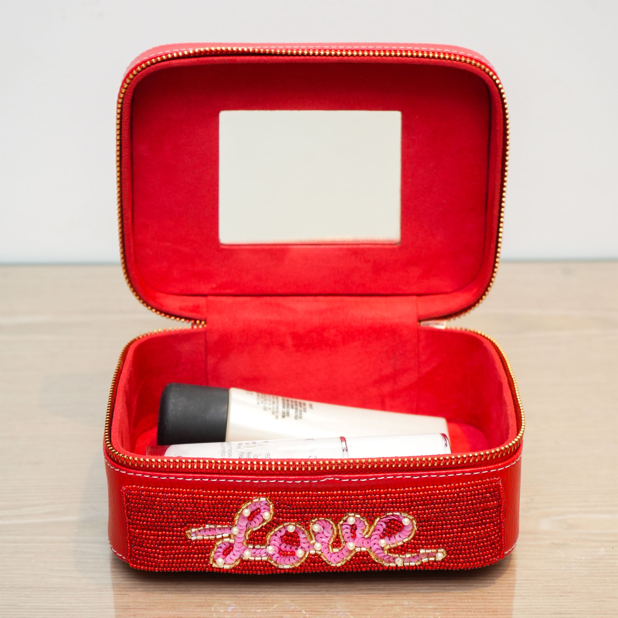 Hand Embroidered Red PU, Make up case | It is a good choice for a Valentine gift