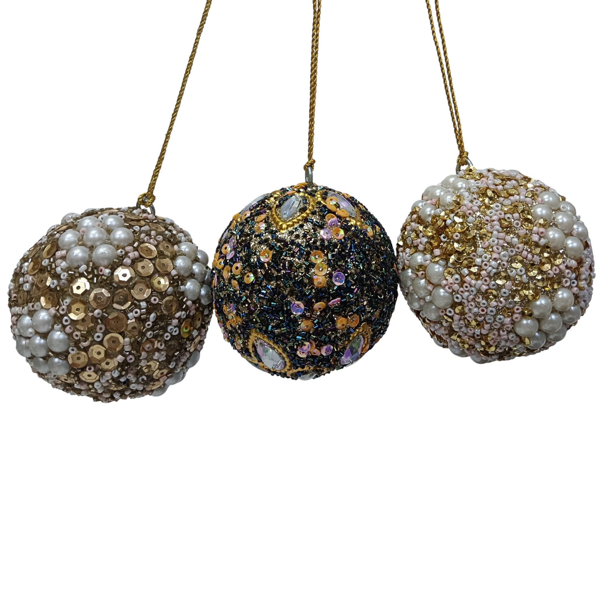 Set of 3 Glitters / Beaded & Mirror Chips Balls Christmas Hangings