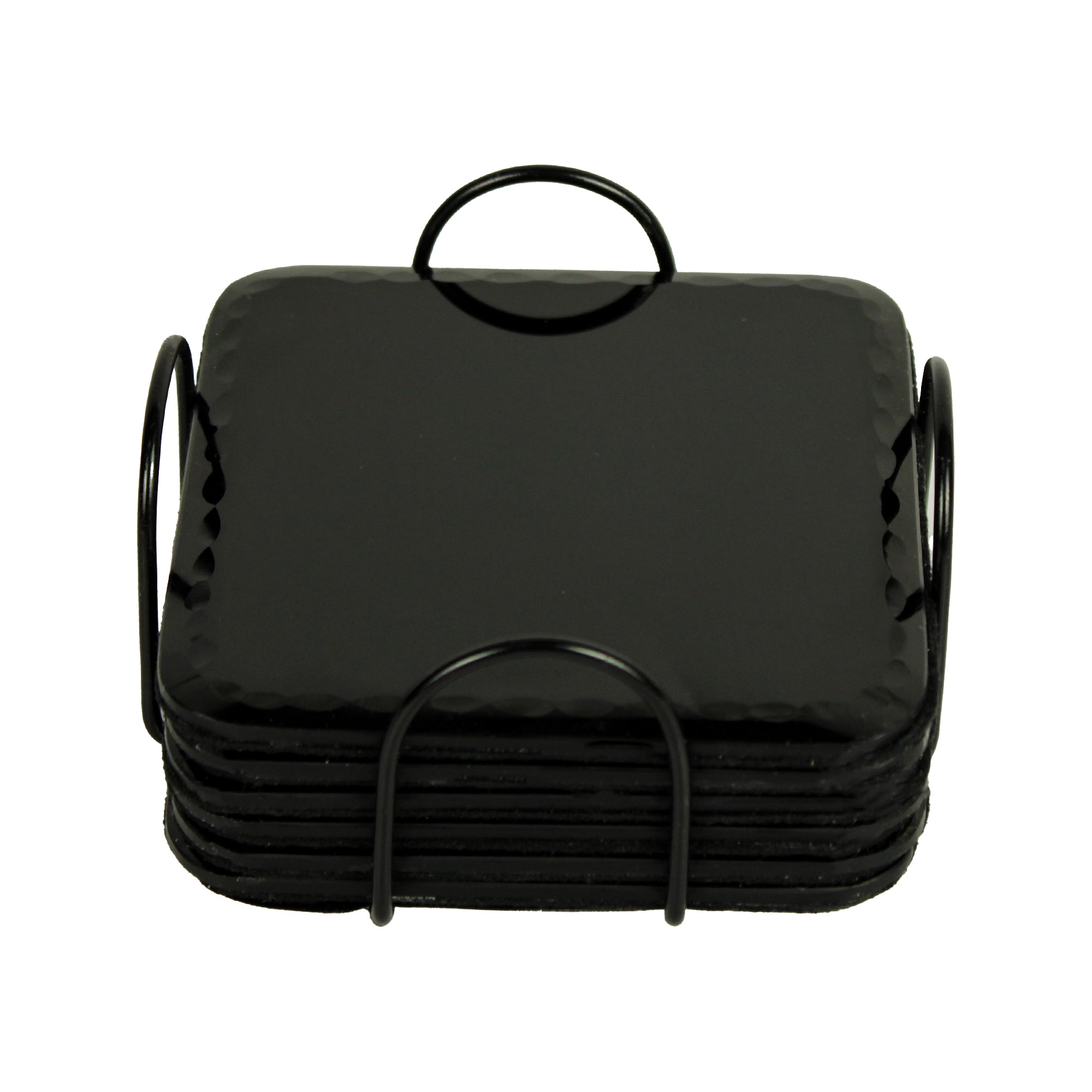 Glass Black Coaster Set of Six with Metal Tray