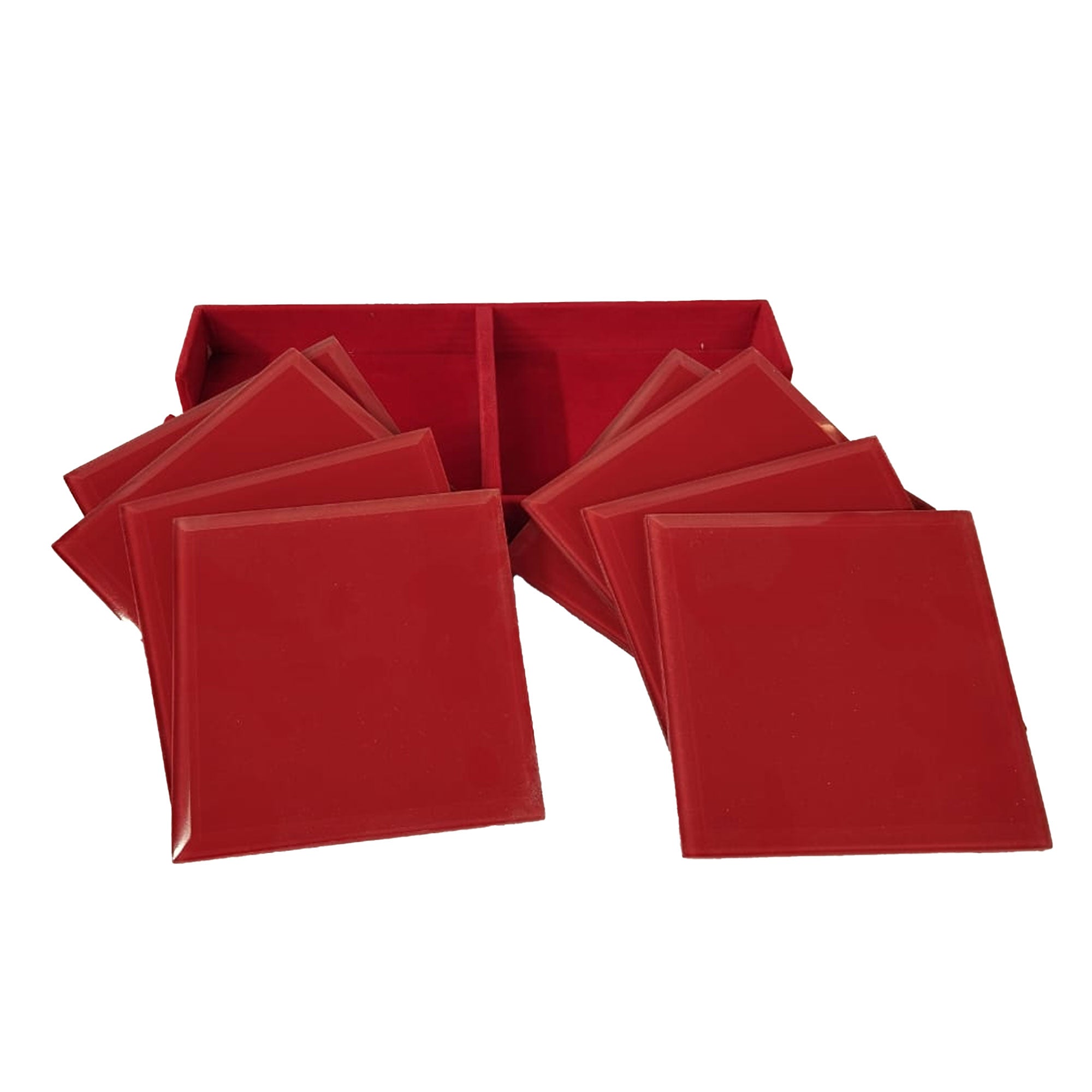 Red Colored Mirror Coaster Set of Eight with Caddy Tray