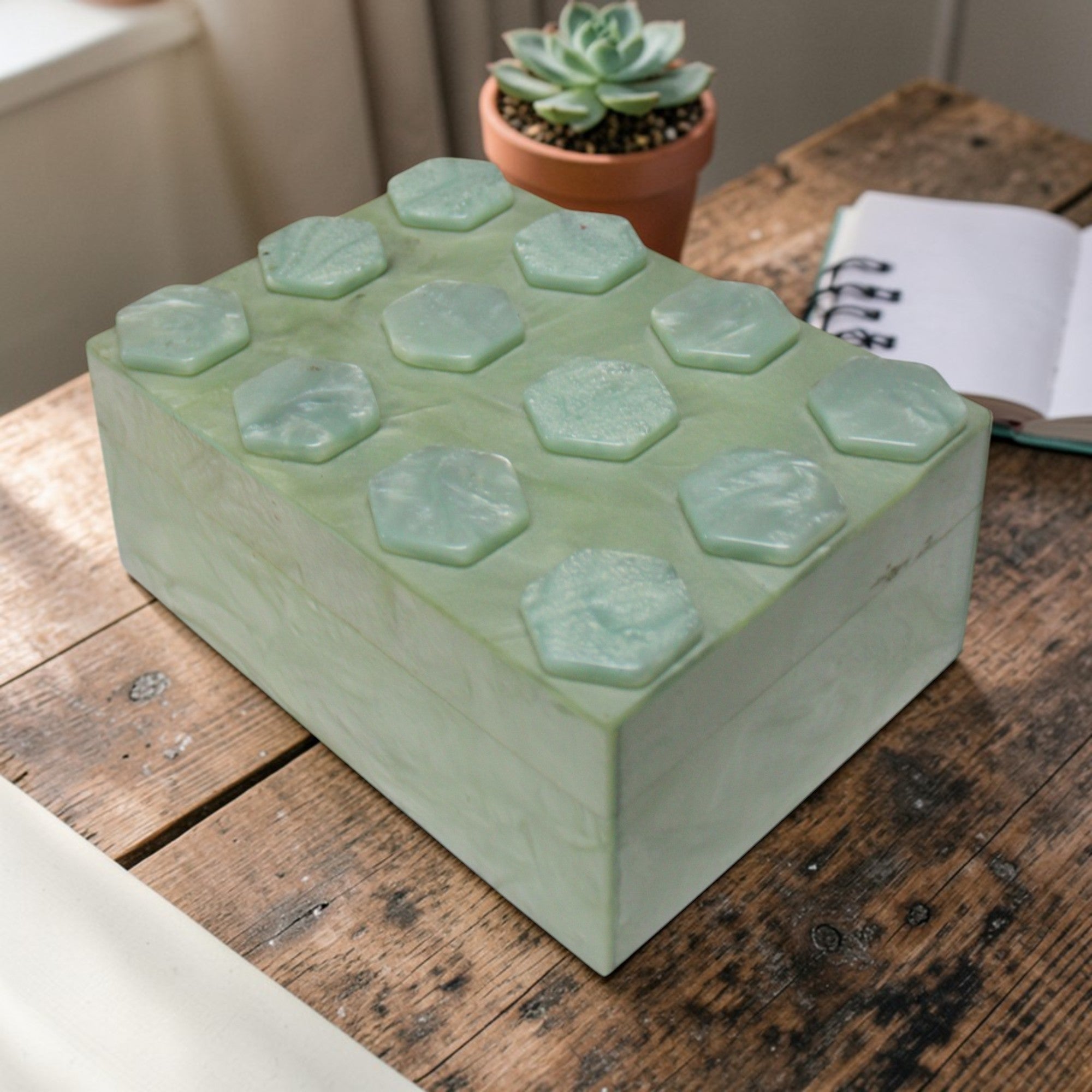 Handcrafted Mint Green Resin Organizer Box with Hexagonal Inlay