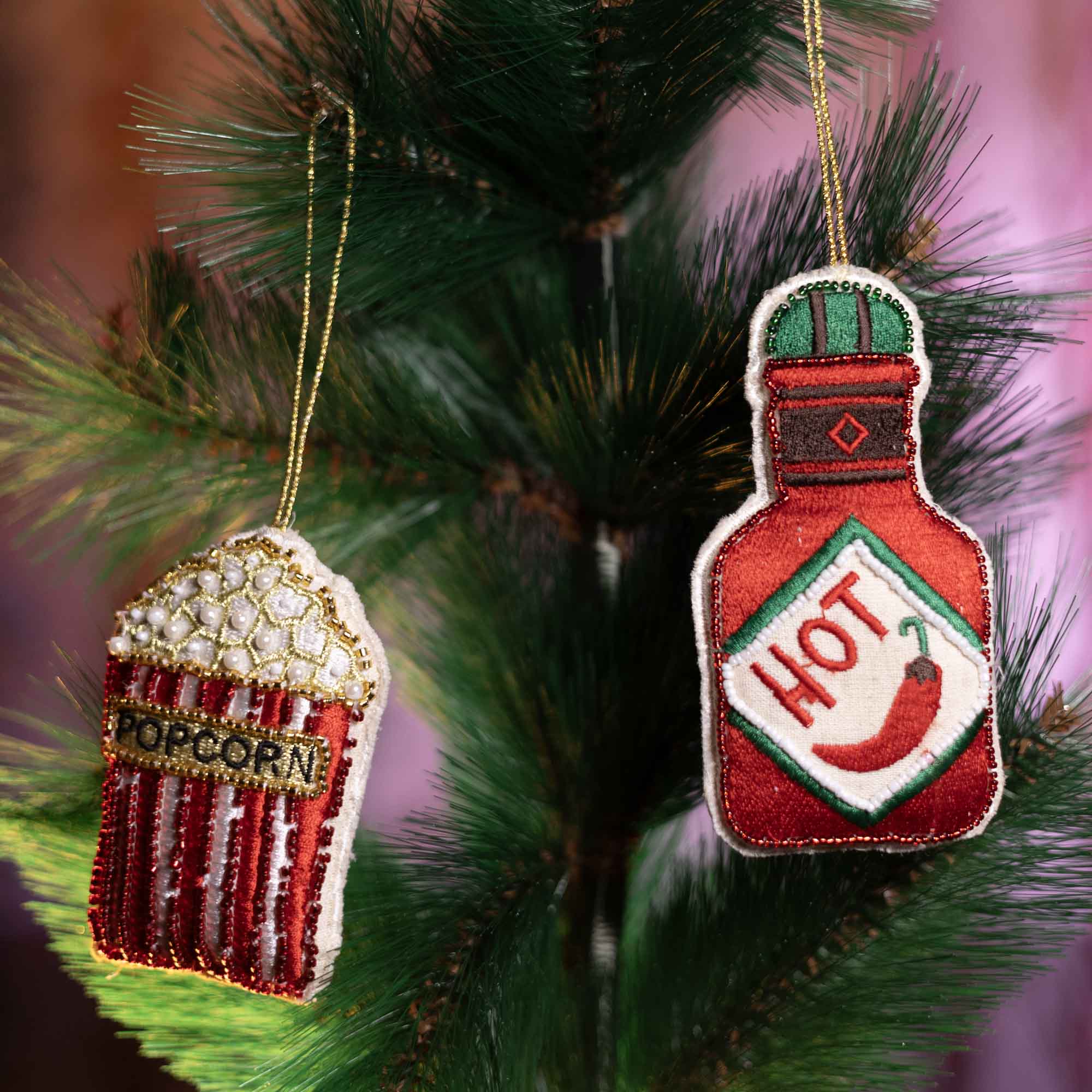 Set of 2 Embroidered Christmas Tree Hanging Ornament