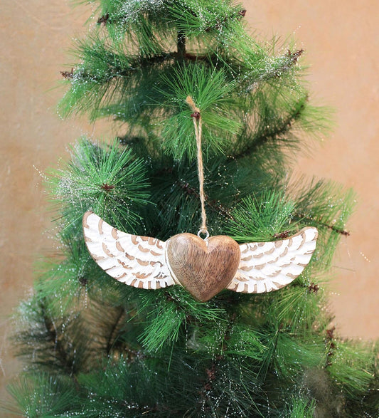 Set of 2 Wooden Heart with Wing Hanging Christmas Tree Decoration