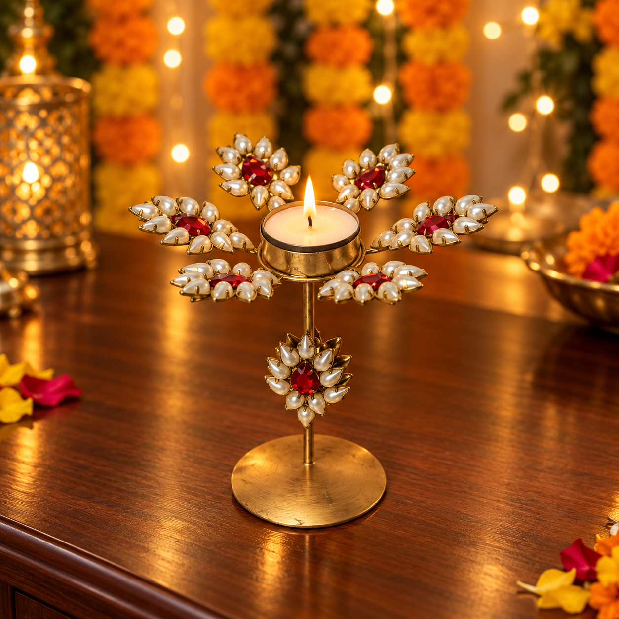 Handmade Jeweled Golden Crystal Tealight Candle Holder