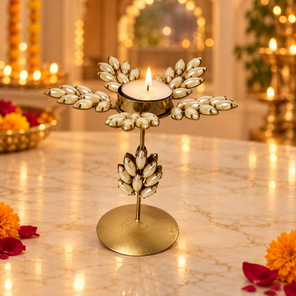 Handmade Golden Crystal Leaf Tealight Candle Holder