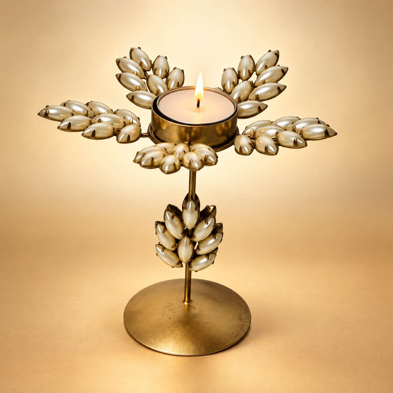 Handmade Golden Crystal Leaf Tealight Candle Holder