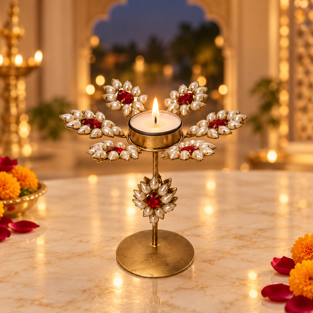 Handmade Jeweled Golden Crystal Tealight Candle Holder