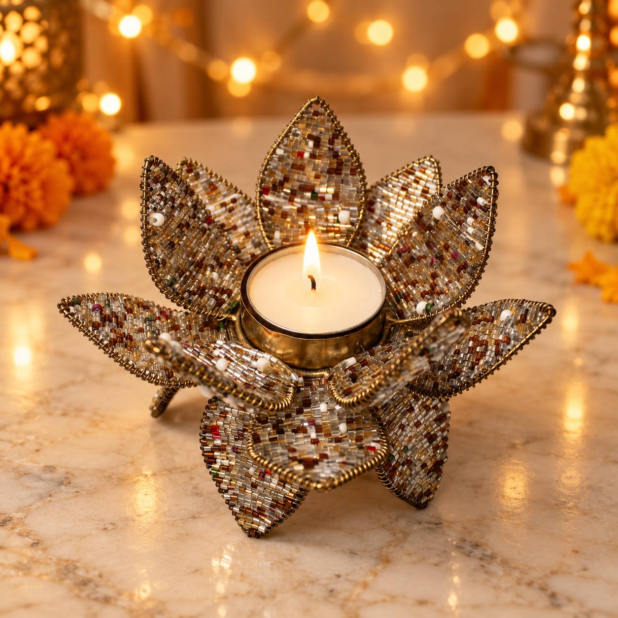 Handcrafted Beaded Lotus Tealight Holder