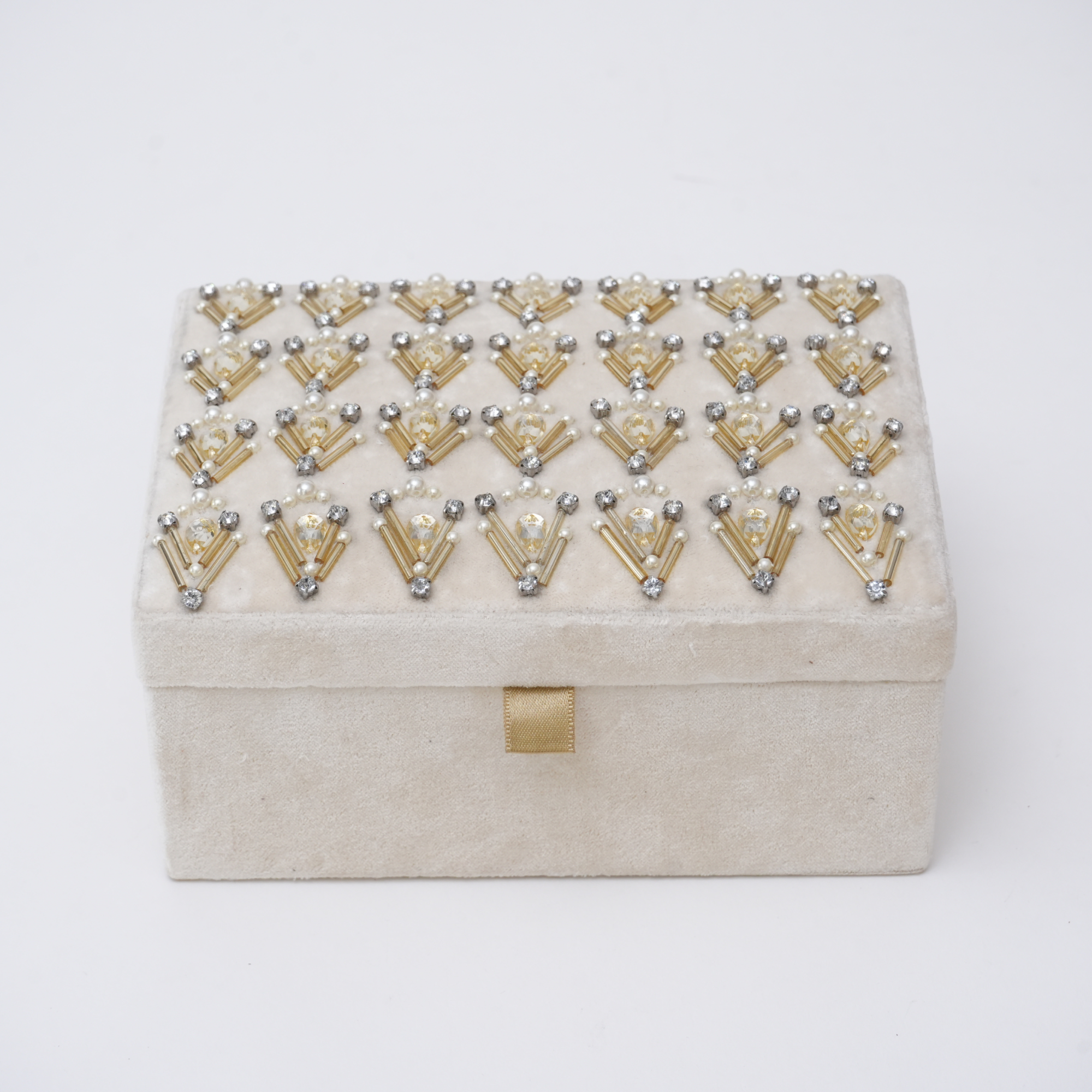 Beaded Ivory Velvet Jewellery Box