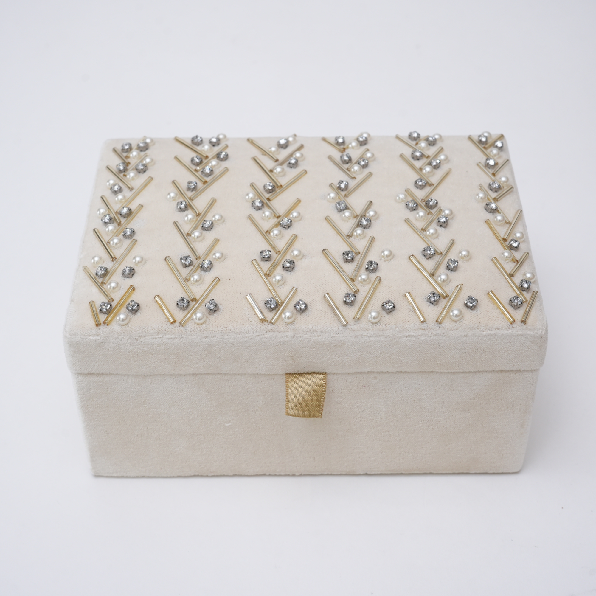 Beaded Ivory Velvet Jewellery Box
