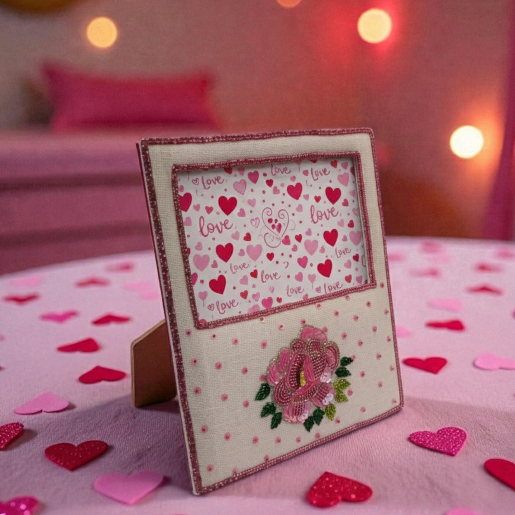 "Floral Romance" Beaded Fabric Photo Frame – Cream with Pink Rose Embellishment for Valentine