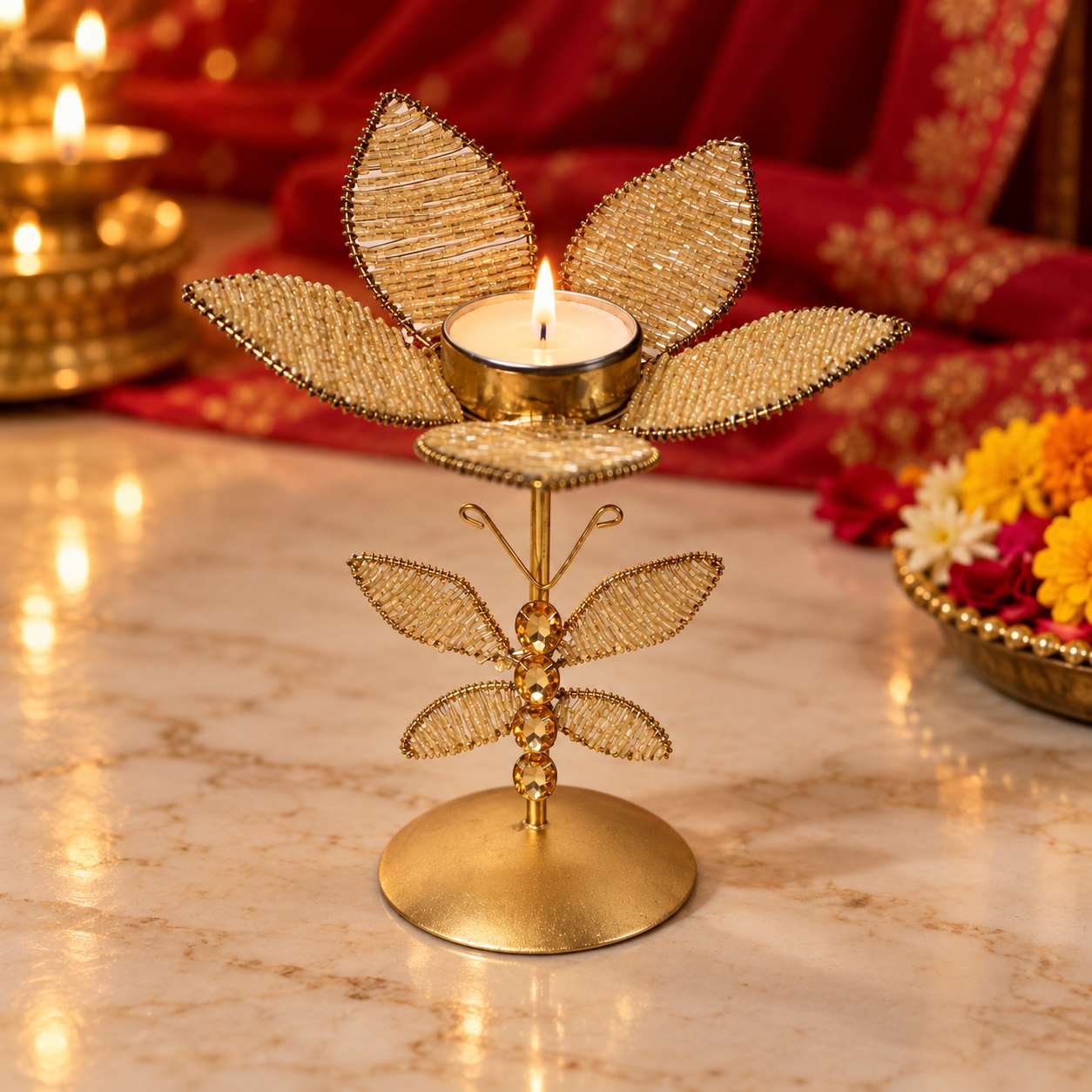 Handmade Champagne Gold Butterfly Tealight Candle Holder – Beaded Flower Centerpiece
