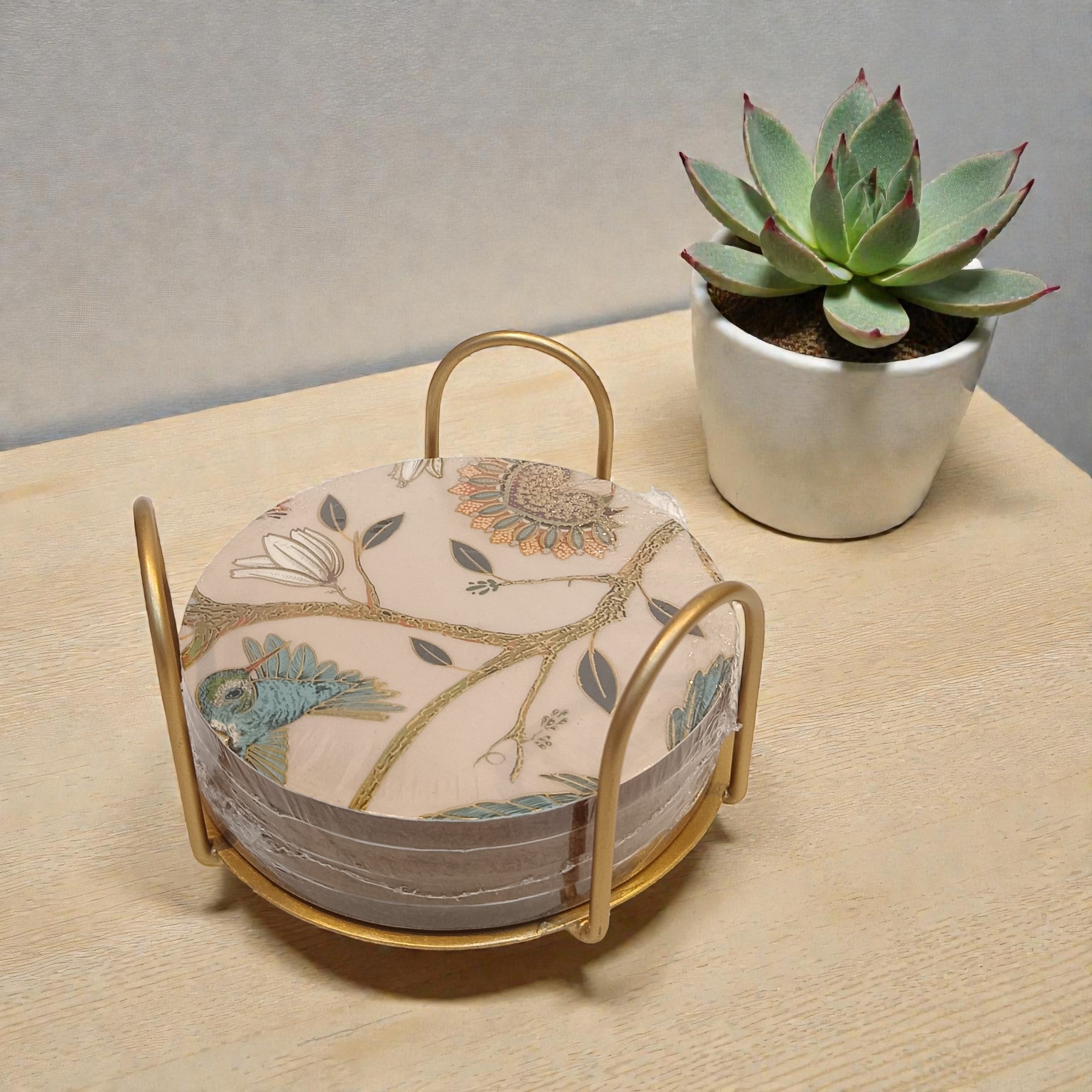 Designer Bird Design Resin Coaster Set of Four With Metal Stand