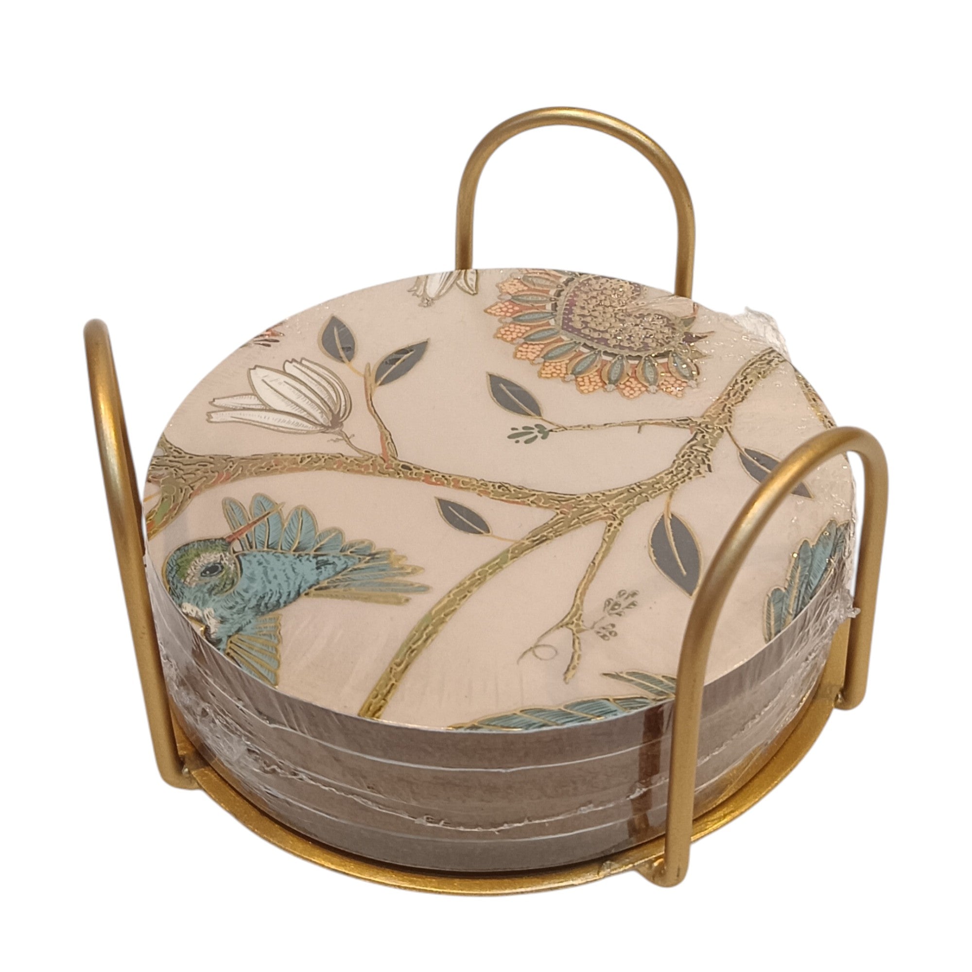 Designer Bird Design Resin Coaster Set of Four With Metal Stand