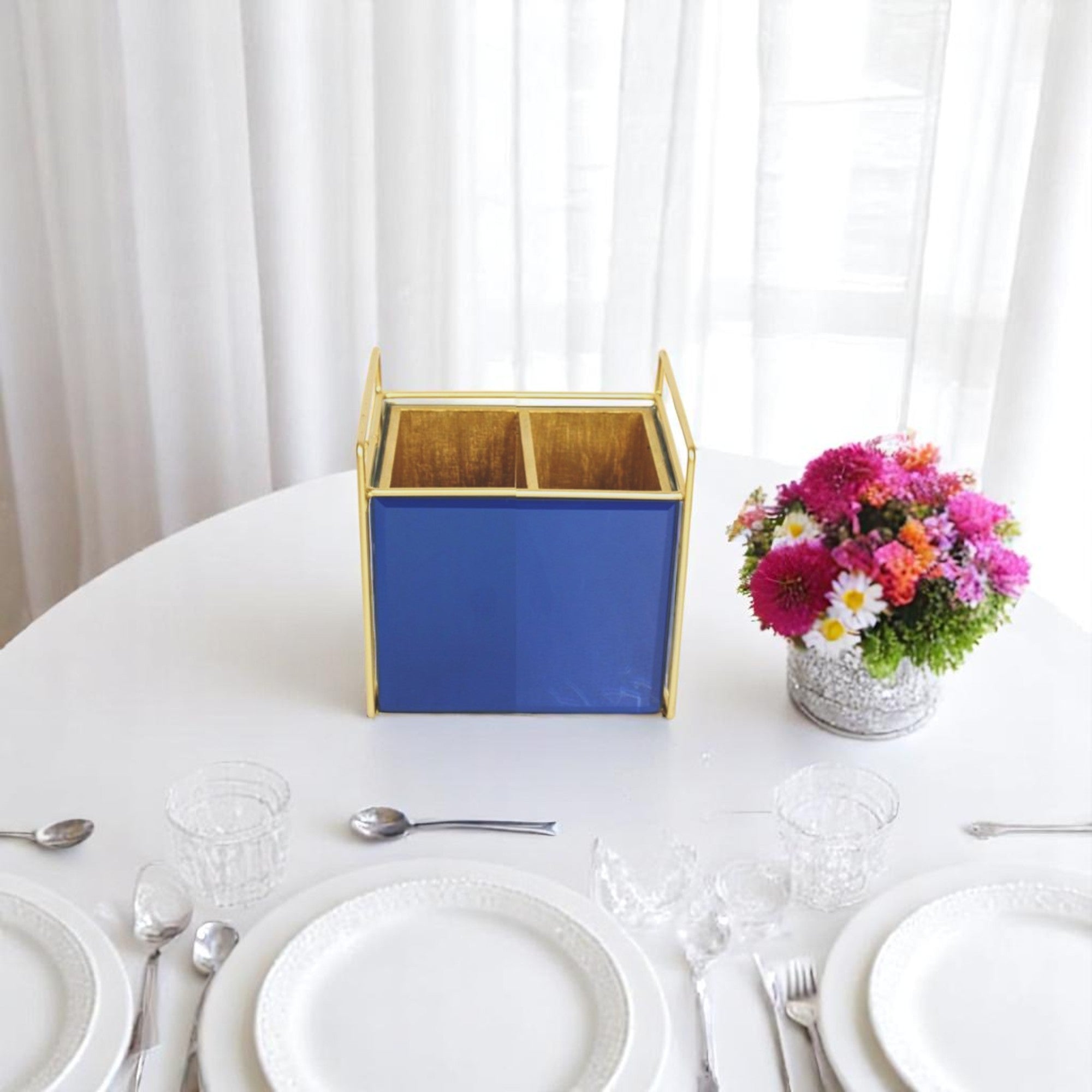 Luxury Blue Glass Cutlery Holder With Two Partition