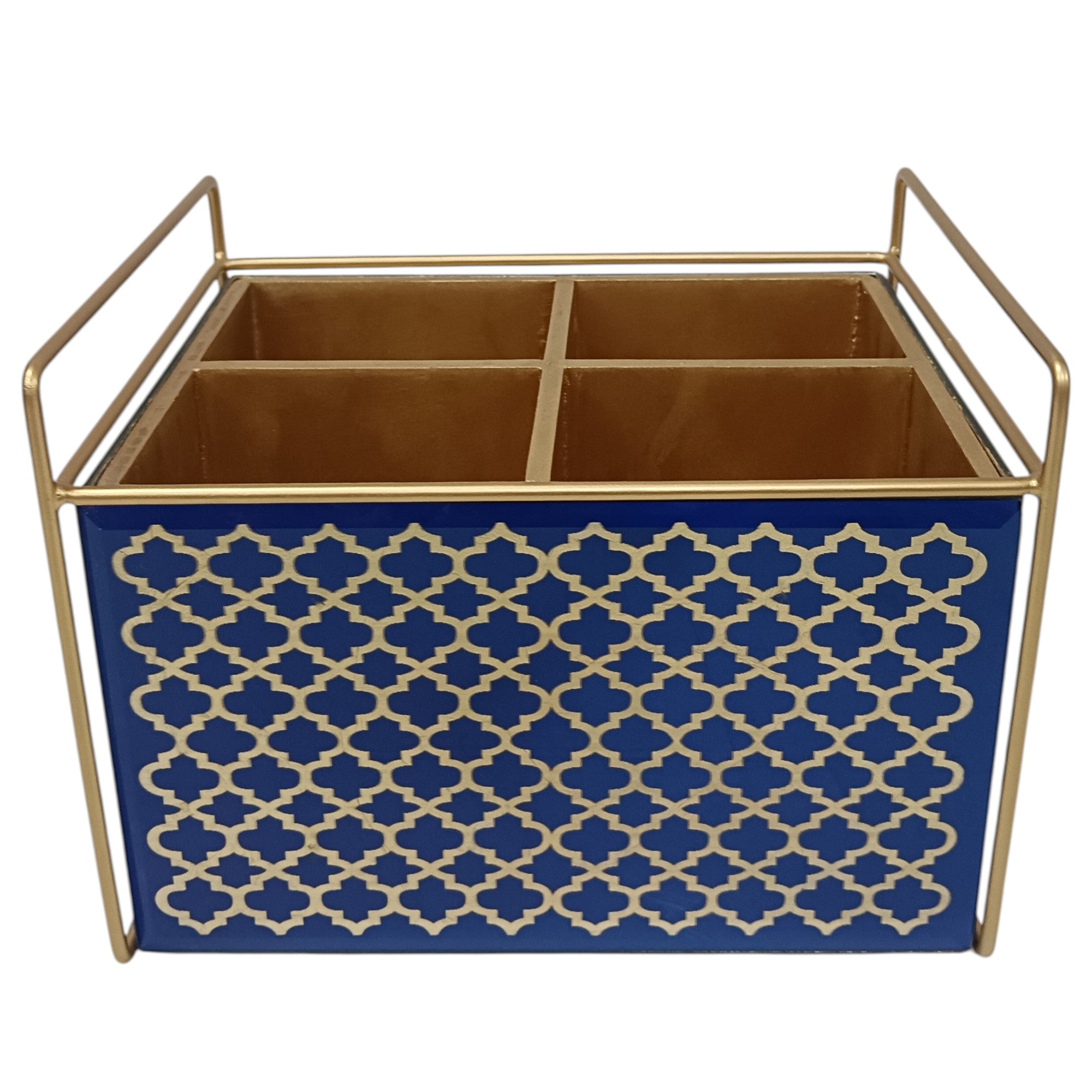 Designer Blue Glass Cutlery Holder With Four Partition