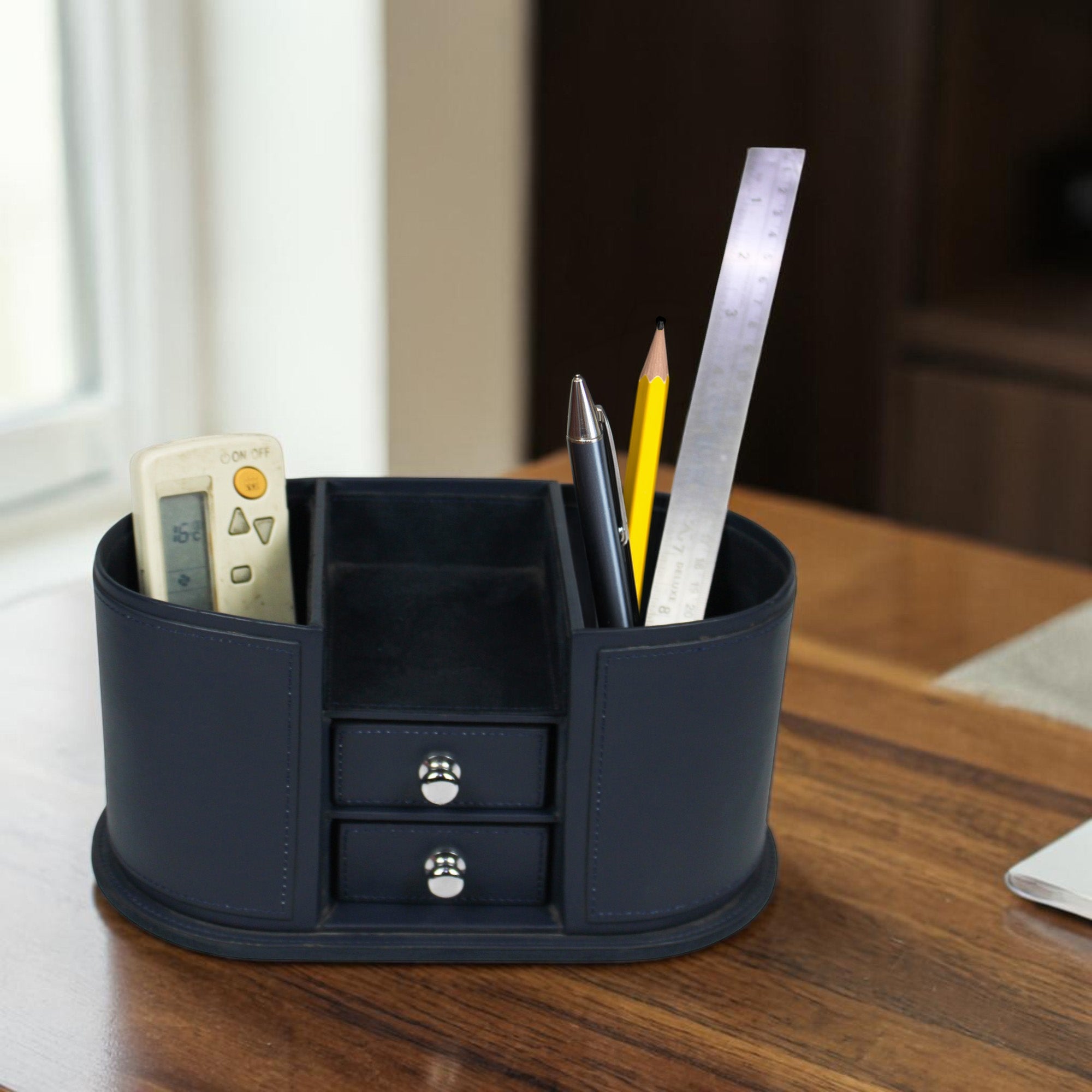 High-Quality Blue PU Stationery Holder with Drawer for Office Desk or Table