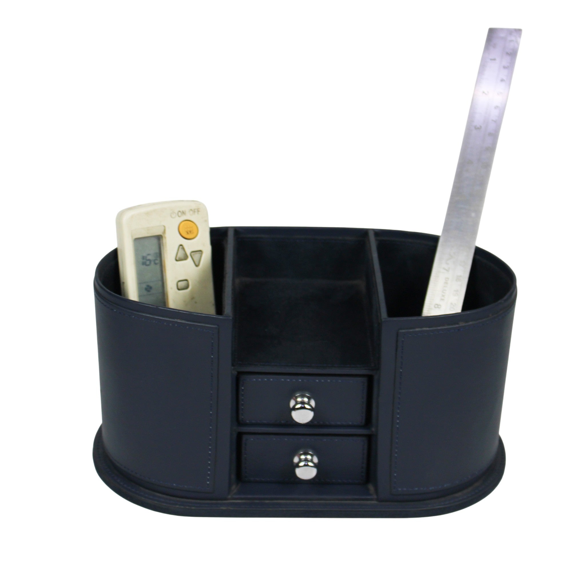 High-Quality Blue PU Stationery Holder with Drawer for Office Desk or Table