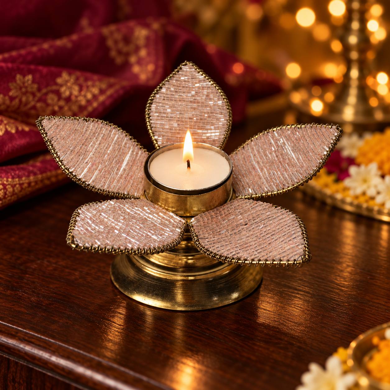Handcrafted Blush Beaded Lotus Tealight Holder
