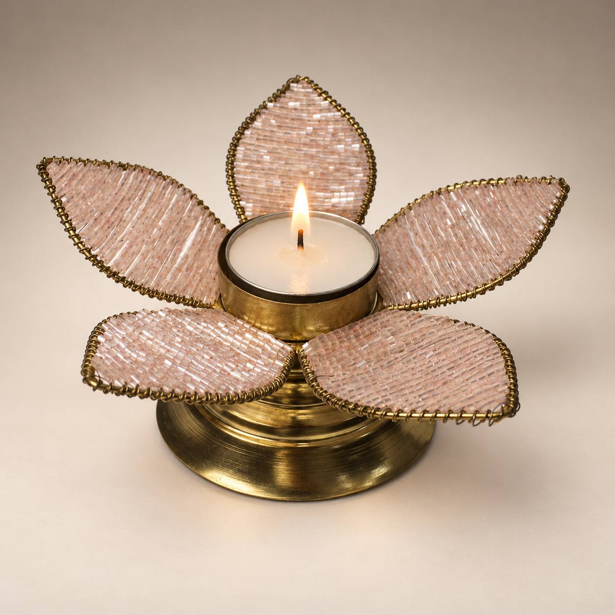 Handcrafted Blush Beaded Lotus Tealight Holder