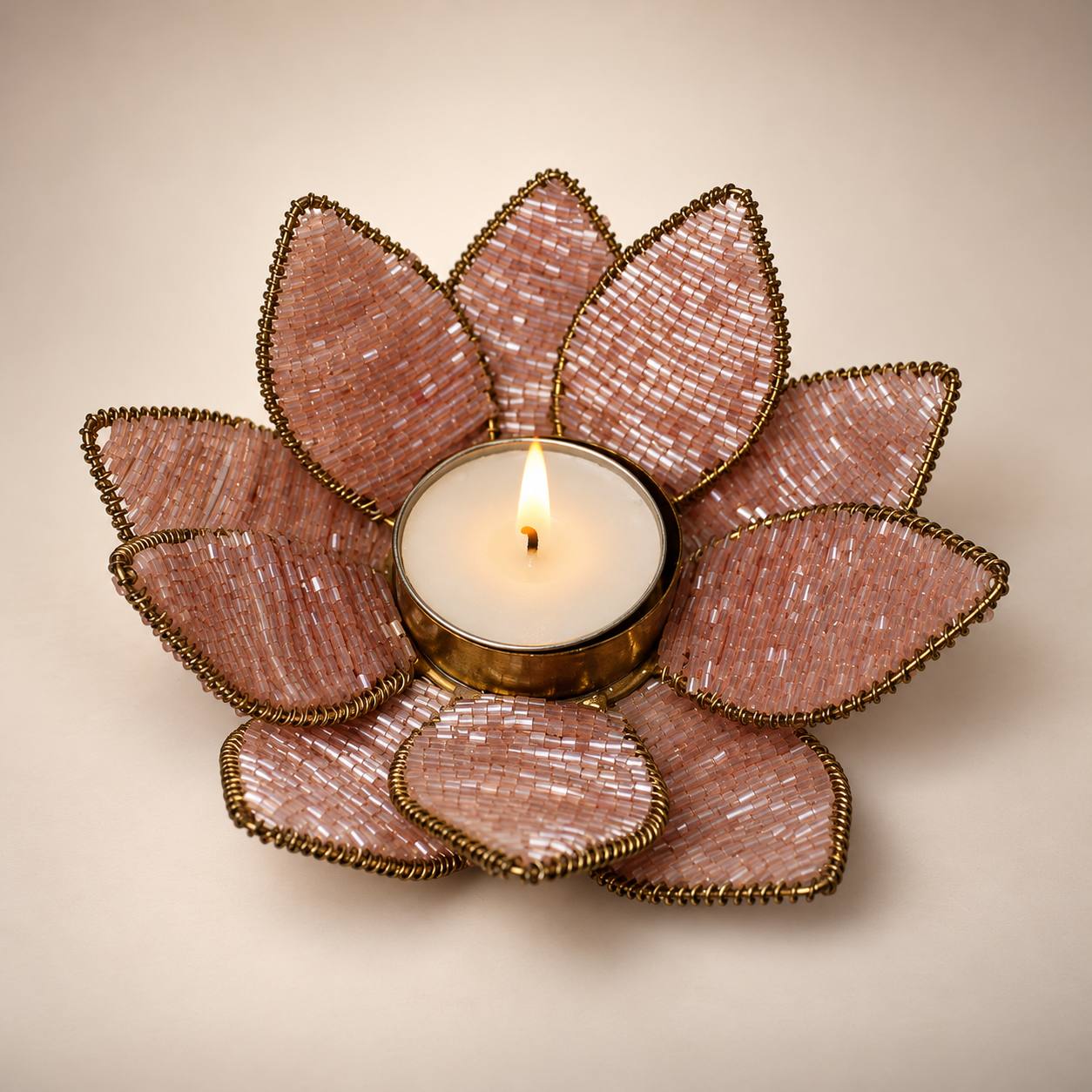 Handcrafted Blush Beaded Lotus Tealight Holder