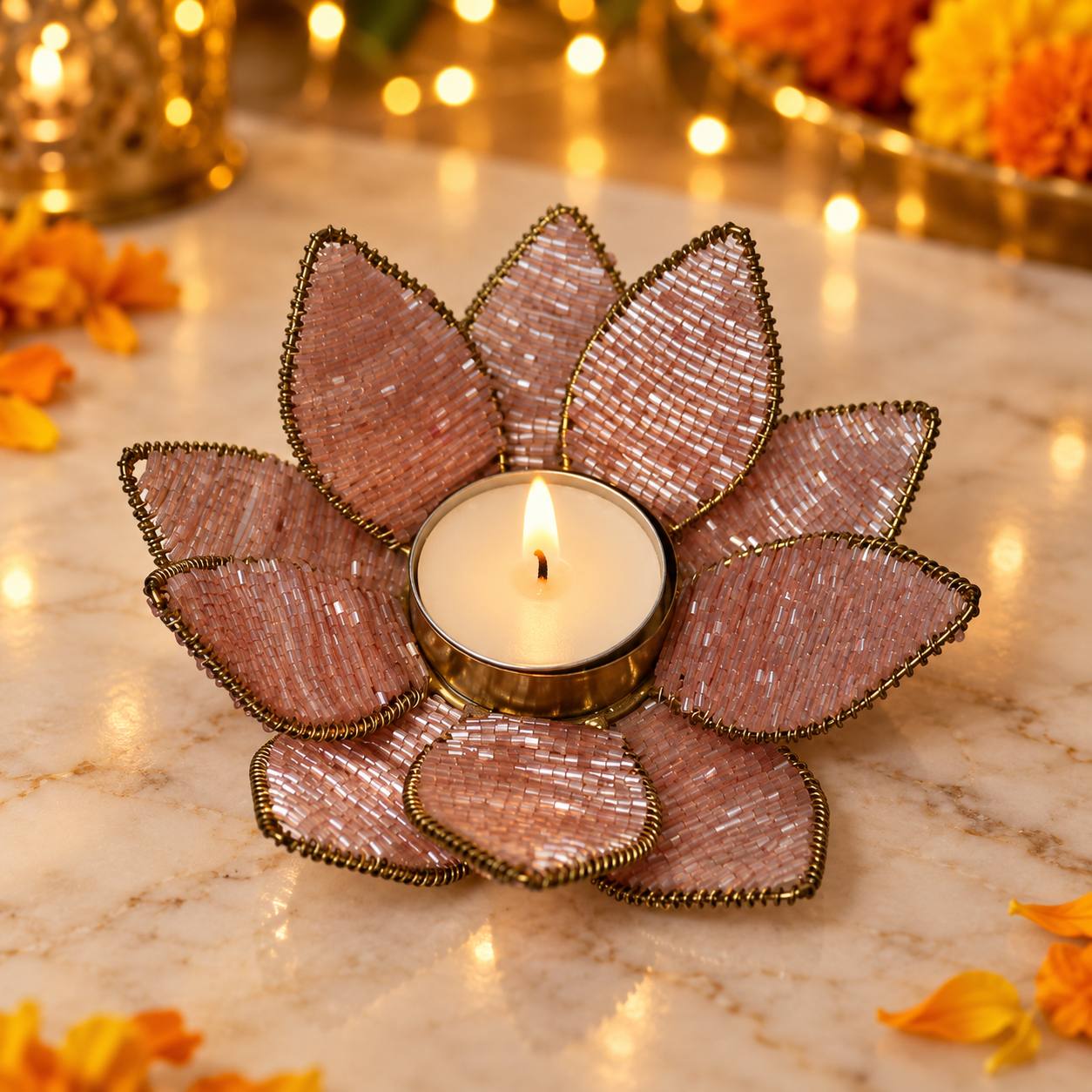 Handcrafted Blush Beaded Lotus Tealight Holder