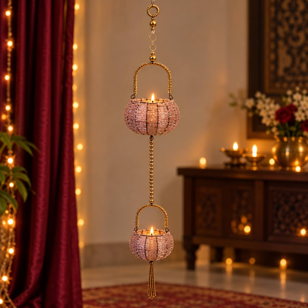 Two-Tier Blush Pink Beaded Hanging Diya Tealight Holder
