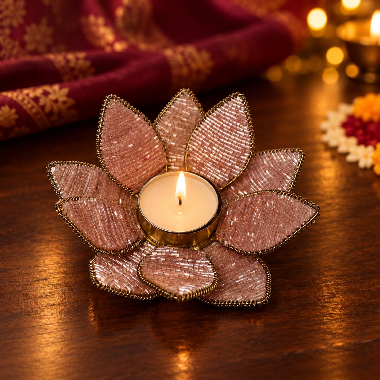 Handcrafted Blush Beaded Lotus Tealight Holder