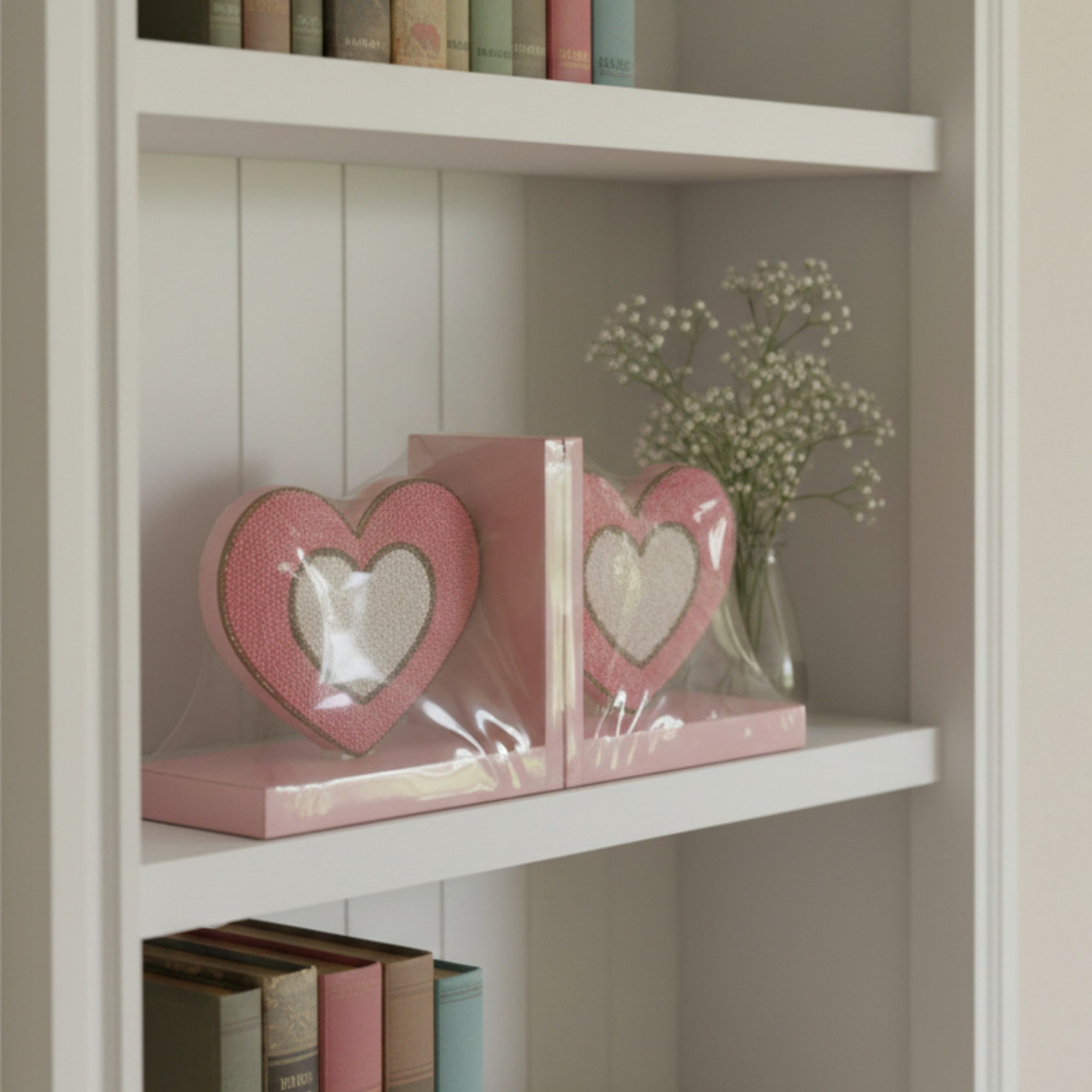 Beaded Heart Decorative Bookends – Pink & Cream Two-Tone Set for Valentine