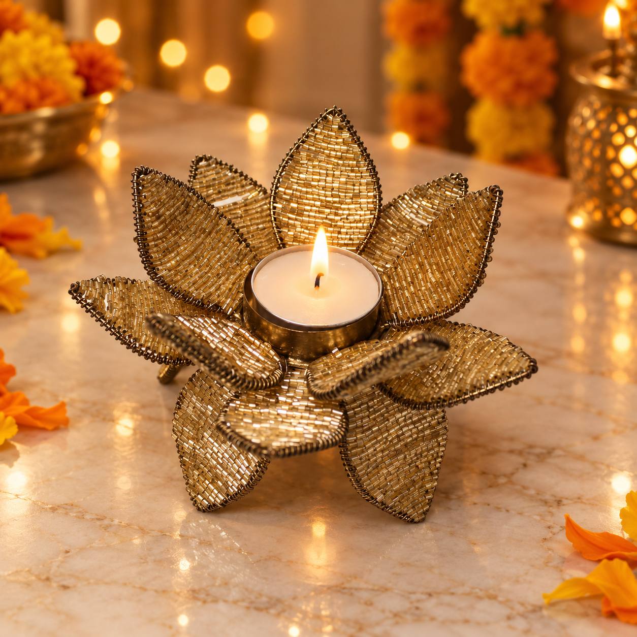 Handcrafted Champagne Golden Beaded Lotus Tealight Holder