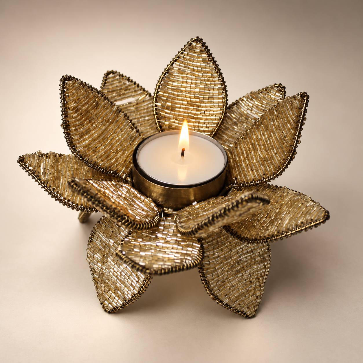 Handcrafted Champagne Golden Beaded Lotus Tealight Holder
