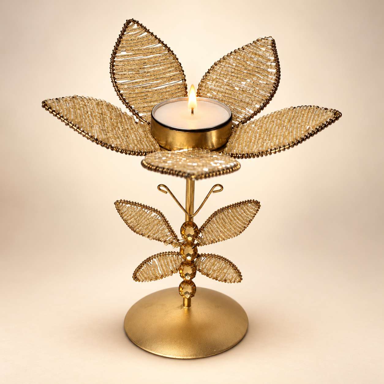 Handmade Champagne Gold Butterfly Tealight Candle Holder – Beaded Flower Centerpiece