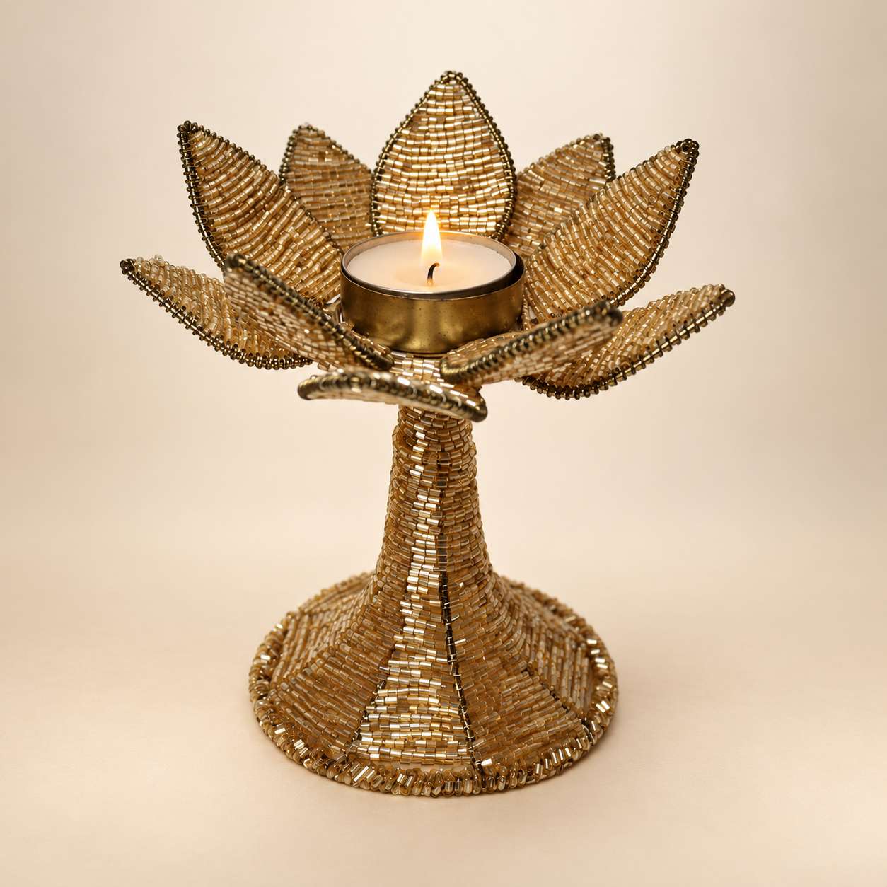 Handmade Champagne Gold Beaded Lotus Tealight Candle Holder