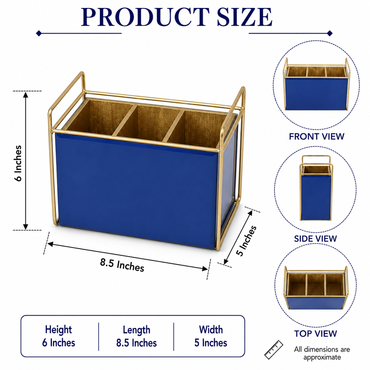 Luxury Blue Glass Cutlery Holder With Three  Partition