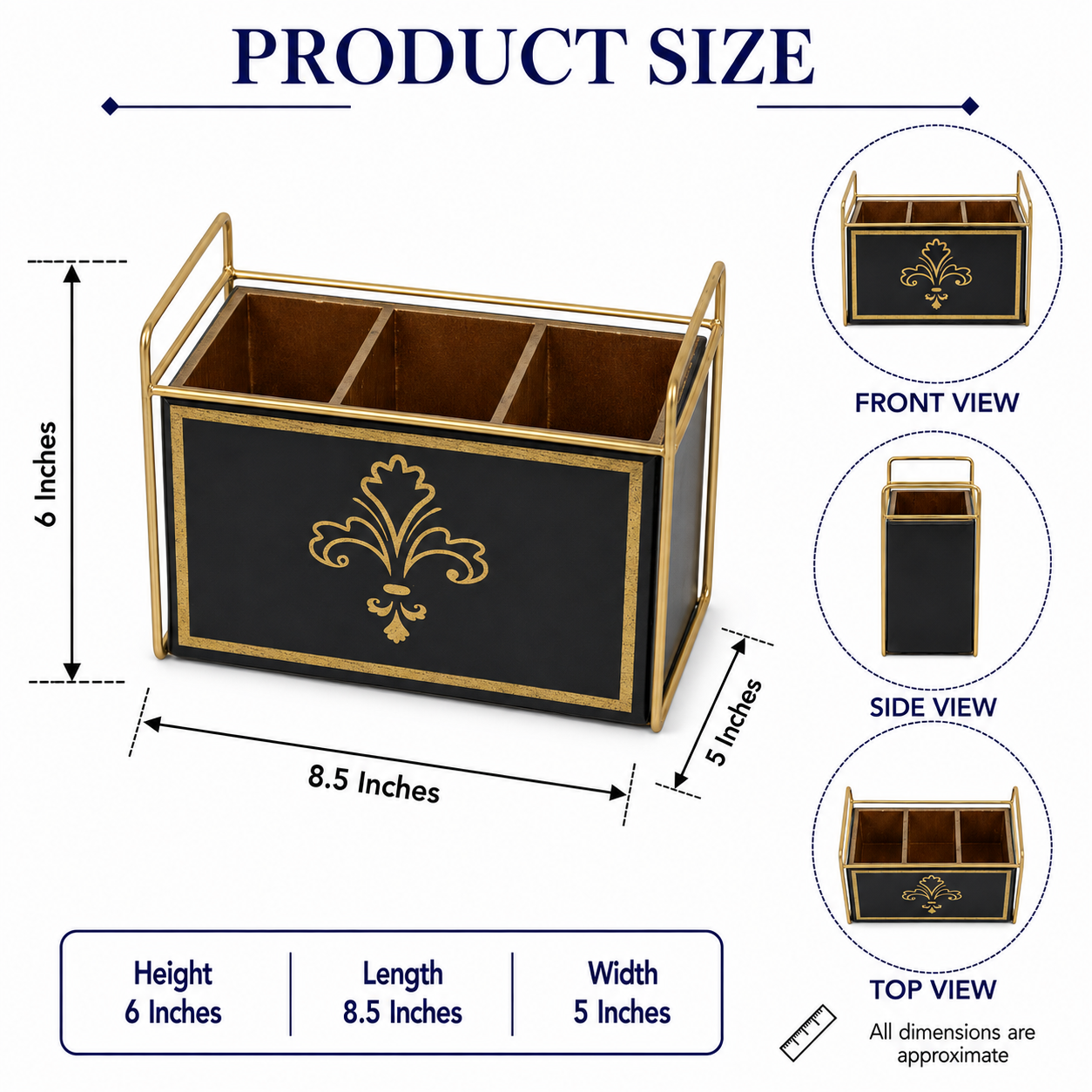 Luxury Lilly Designed Black & Gold Glass Cutlery Holder with Three Partition