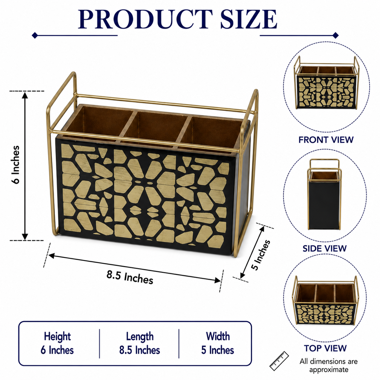 Modern Black & Gold 3-Compartment Cutlery Holder Organizer