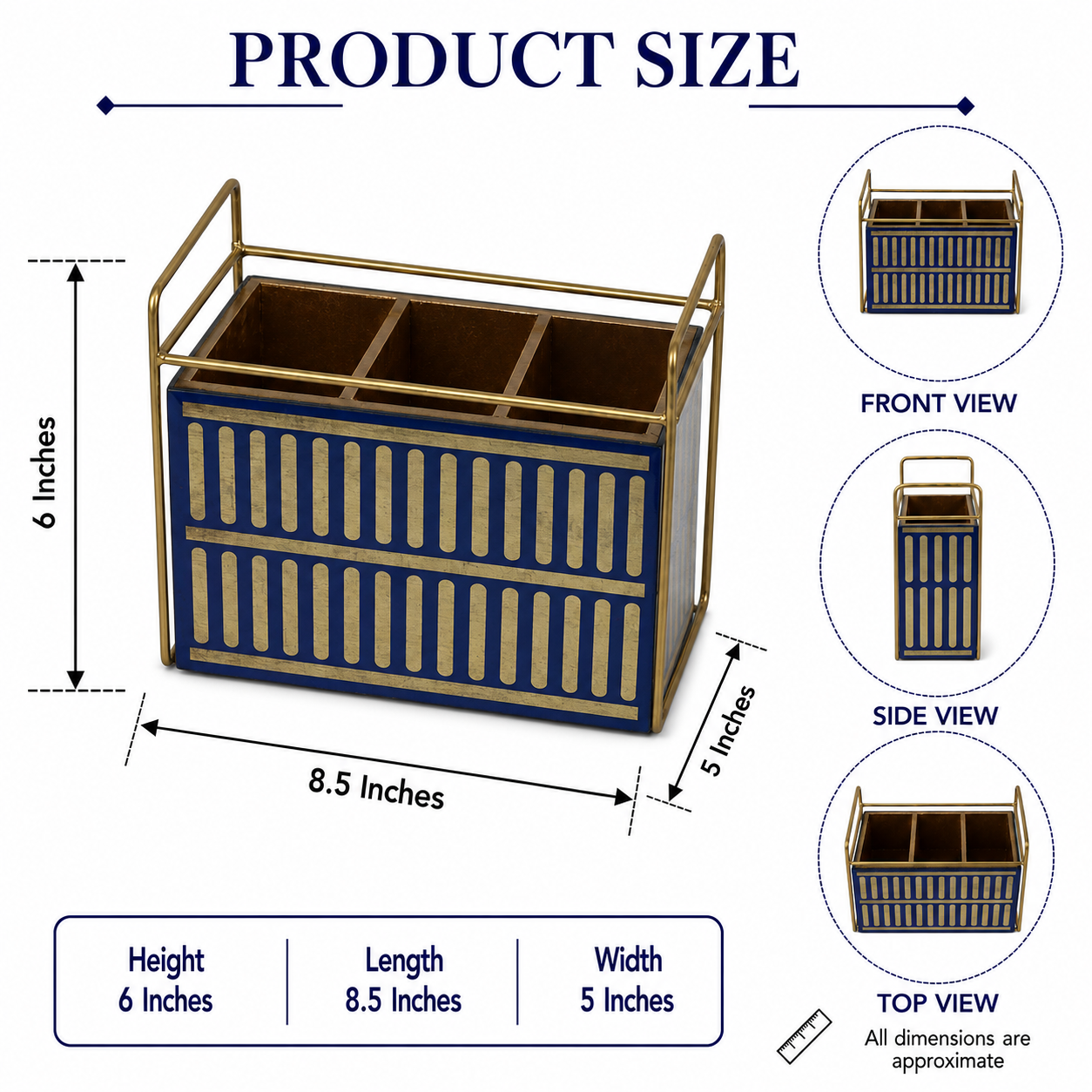 Royal Blue & Golden Cutlery Holder – 3 Compartment Dining Table Organizer