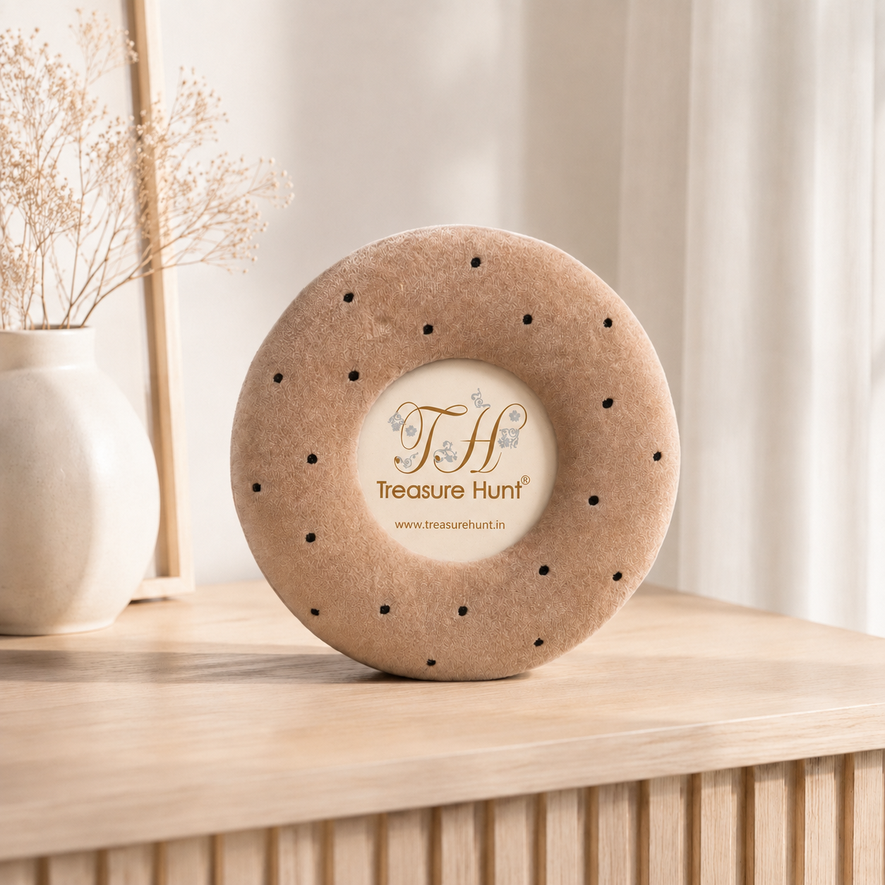 Beige Velvet Round Photo Frame with Black Stud