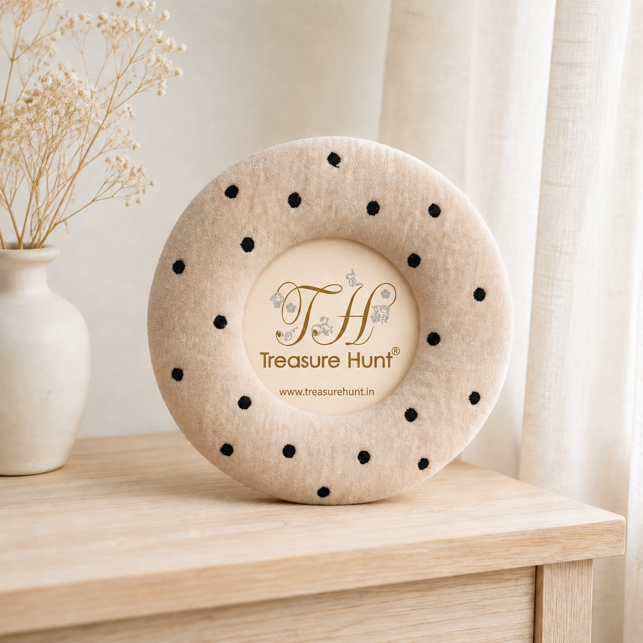 Beige Velvet Round Photo Frame with Black Stud