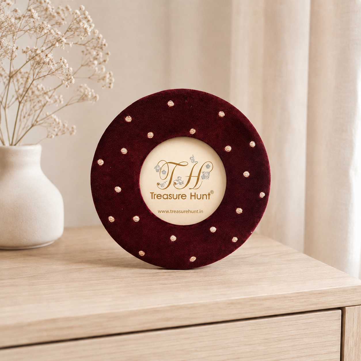Burgundy Velvet Round Photo Frame with Gold Embellishments
