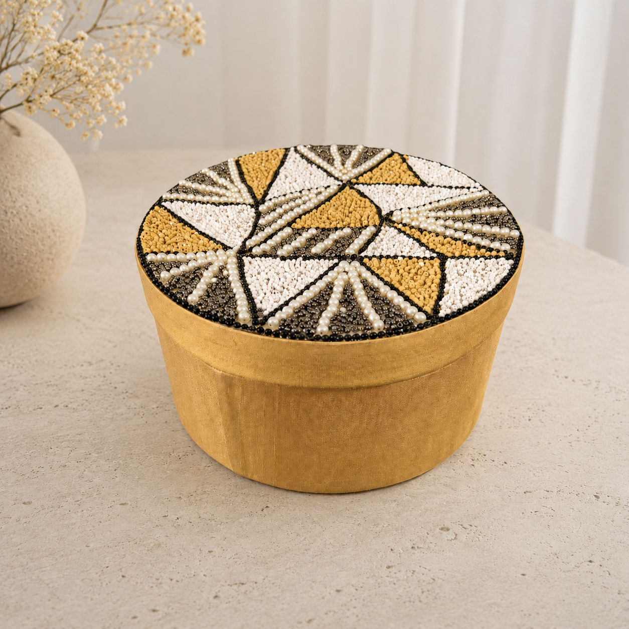 Handcrafted Geometric Beaded Round Jewellery Box