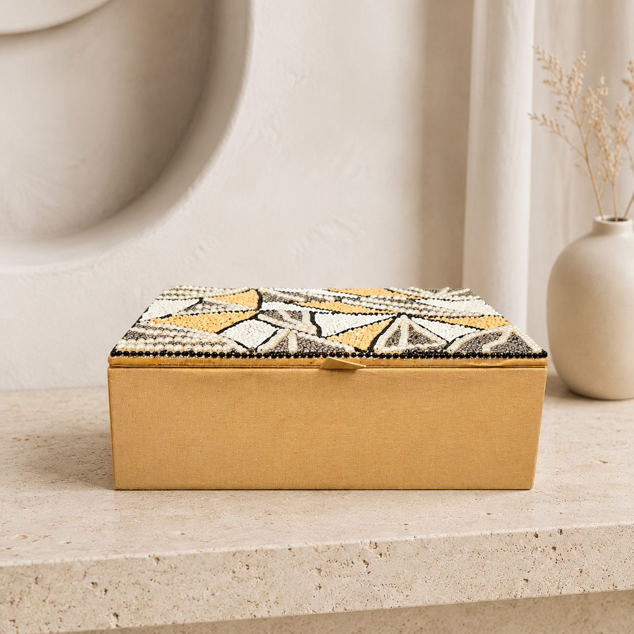 Handcrafted Geometric Beaded Square Jewellery Box
