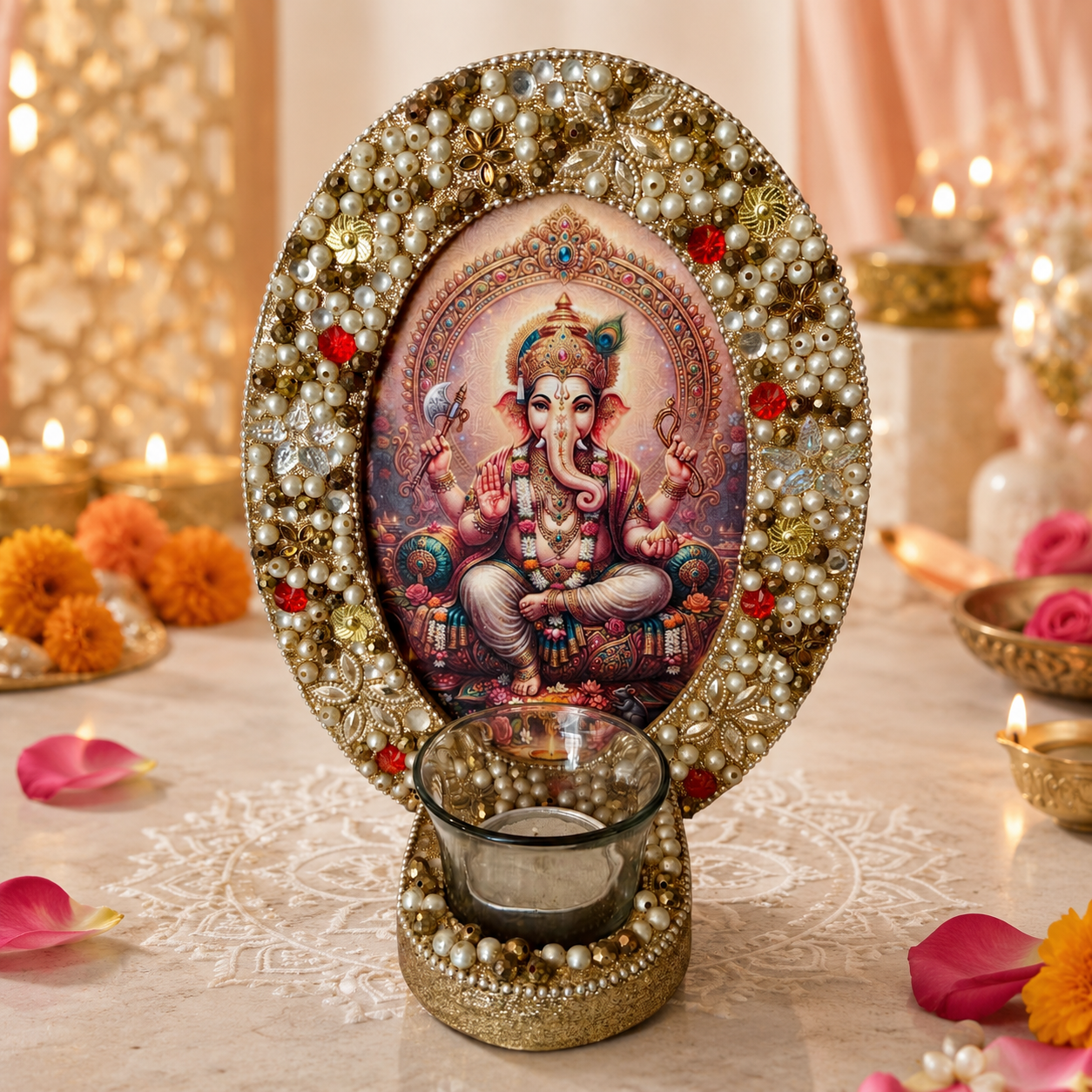 Lord Ganesha Decorative T-Light Holder with Red & Crystal Embellished Golden Frame