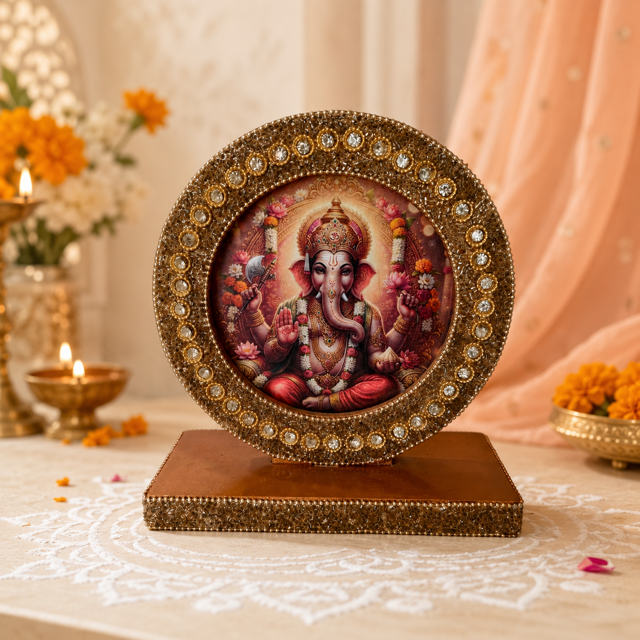 Premium Lord Ganesha Decorative Photo Frame with Crystal Embellished Golden Stand