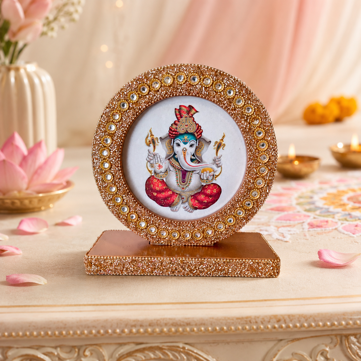Lord Ganesha Decorative Photo Frame with Crystal Embellished Rose Gold Stand