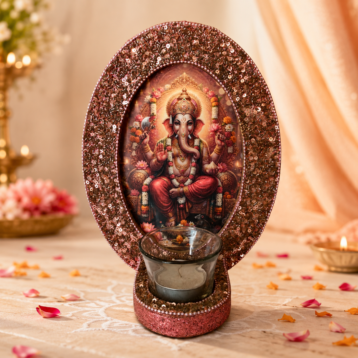 Lord Ganesha Decorative T-Light Holder with Rose Gold Sequin Frame